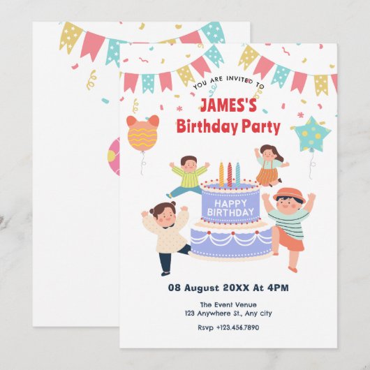 Kleurrijk leuk kinderverjaardagsfeestje kaart (Voorkant / Achterkant)