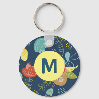 Kleurrijk Leuke Bloemmotief Donkerblauwe Monogram Sleutelhanger