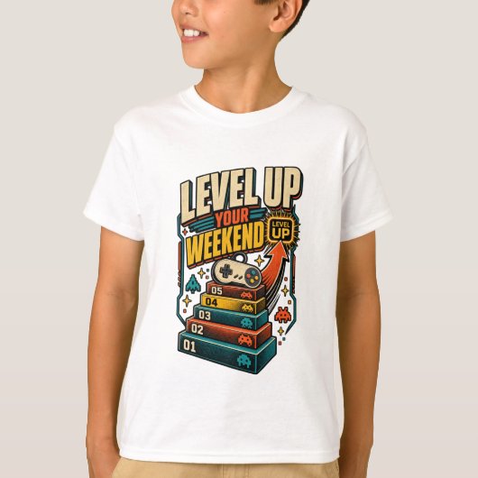 Kleurrijk Level Up Weekend Gamer T-shirt (Voorkant)