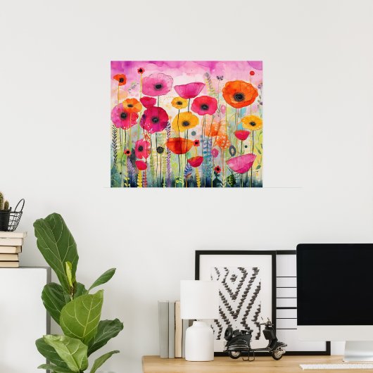 Kleurrijk Levendig Poppy Bloemveld Bloemig Poster (Thuiskantoor)
