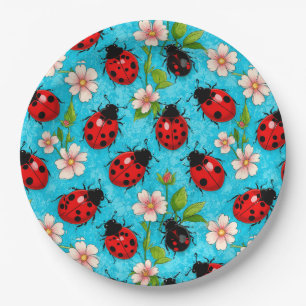 Kleurrijk Lieveheersbeestje Patroon met Bloemen Papieren Bordje