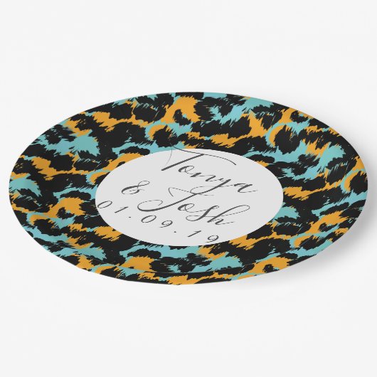 Kleurrijk Luipaardprintpatroon Moderne Bruiloft Papieren Bordje (Gekanteld)