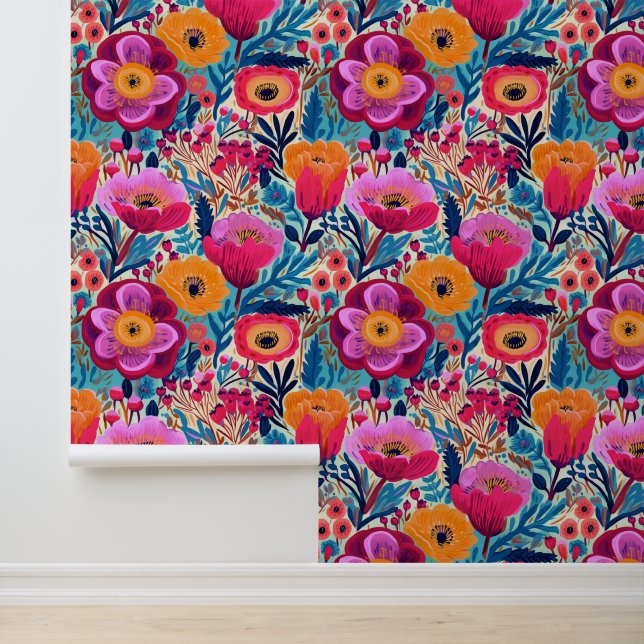 Kleurrijk Maximalistisch Abstract Bloemmotief Behang (Applicatie)