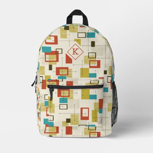 Kleurrijk Medio-Eeuw Geometrisch Patroon Monogram Bedrukte Rugzak (Voorkant)