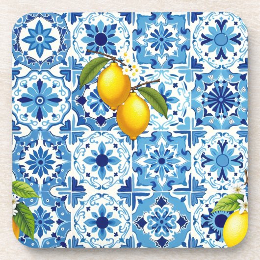 Kleurrijk, Mediterraan, mozaïek, blauw, citroen, Bier Onderzetter (Voorkant)