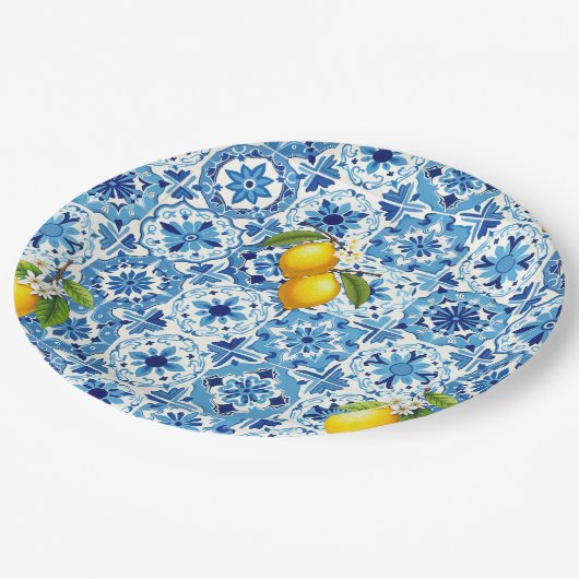 Kleurrijk, Mediterraan, mozaïek, blauw, citroen, Papieren Bordje (Gekanteld)