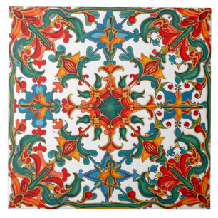 Kleurrijk, Mediterraan, mozaïek, rood, sinaasappel Tegeltje