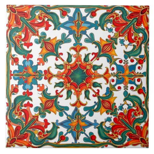 Kleurrijk, Mediterraan, mozaïek, rood, sinaasappel Tegeltje (Voorkant)