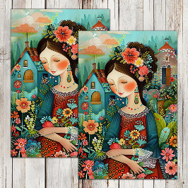 KLEURRIJK MEISJE IN BLOEMEN TUIN DECOUPAGE TISSUEPAPIER