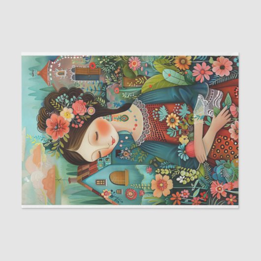 KLEURRIJK MEISJE IN BLOEMENTUIN DECOUPAGE TISSUEPAPIER (Voorkant)