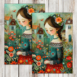 KLEURRIJK MEISJE IN DE TUIN MET BLOEMEN DECOUPAGE TISSUEPAPIER