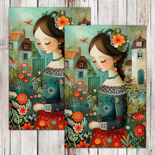 KLEURRIJK MEISJE IN DE TUIN MET BLOEMEN DECOUPAGE TISSUEPAPIER