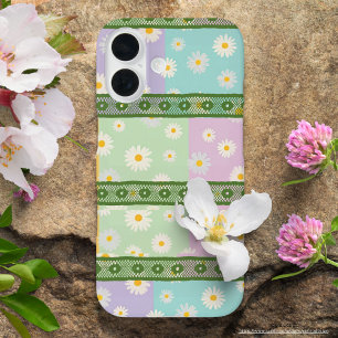 Kleurrijk meisjesachtig madeliefjespatroon Groen B iPhone 16 Hoesje