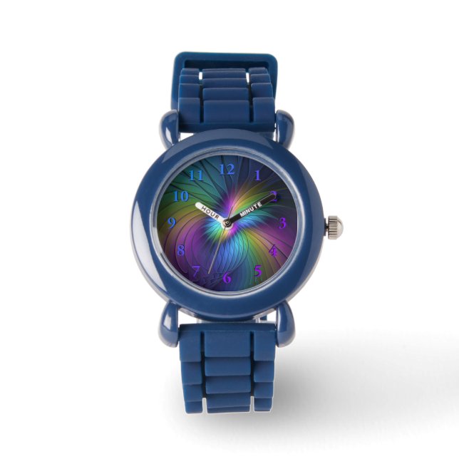 Kleurrijk met blauwe, moderne Abstracte fractale k Horloge (Voorkant)
