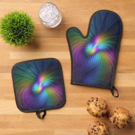 Kleurrijk met blauwe, moderne Abstracte fractale k Ovenwant & Pannenlap Set