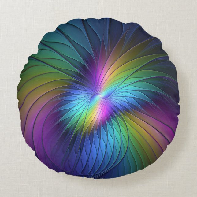 Kleurrijk met blauwe, moderne Abstracte fractale k Rond Kussen (Voorkant)