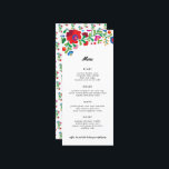 Kleurrijk Mexicaans borduurdiner Menu<br><div class="desc">Dit mooie en kleurrijke huwelijksmenu heeft gemakkelijk te bewerken tekstvakken,  een kleurrijke,  moderne kijk op traditionele Mexicaanse borduurwerk,  en het lange magere formaat dat gemakkelijk is te stoppen in gevouwen servetten.</div>
