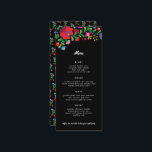 Kleurrijk Mexicaans borduurwerk receptie diner Menu<br><div class="desc">Dit mooie en kleurrijke huwelijksmenu heeft gemakkelijk te bewerken tekstvakken,  een kleurrijke,  moderne kijk op traditionele Mexicaanse borduurwerk,  en het lange magere formaat dat gemakkelijk is te stoppen in gevouwen servetten.</div>