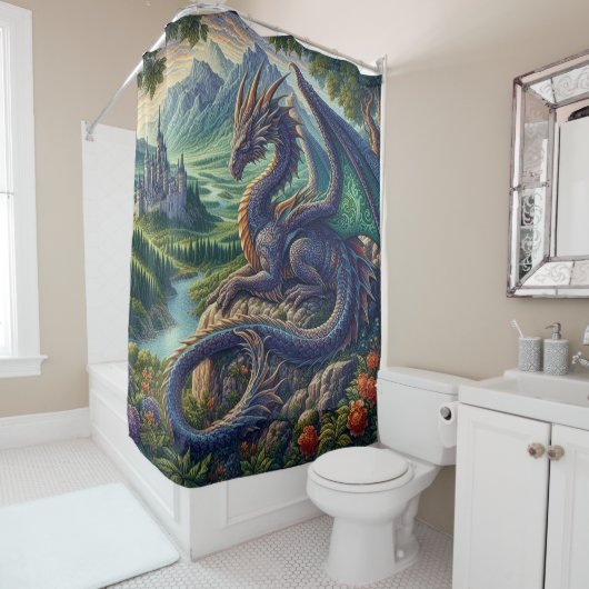 Kleurrijk, middeleeuws Drakenkasteel Douchegordijn (In situ)