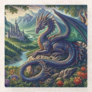Kleurrijk, middeleeuws Drakenkasteel Glazen Onderzetter