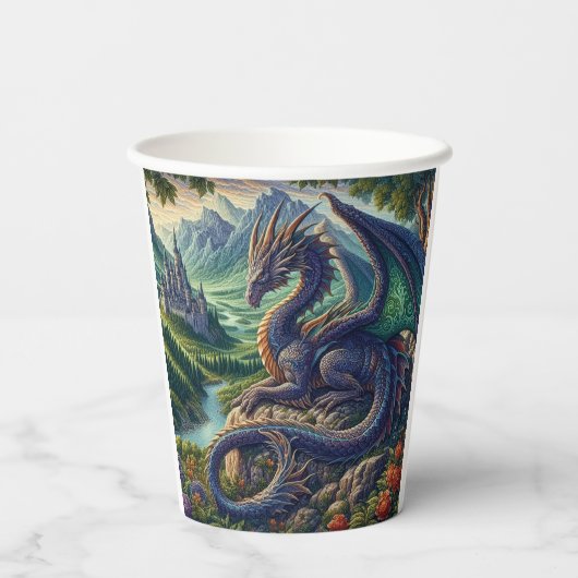 Kleurrijk, middeleeuws Drakenkasteel Papieren Bekers (Achterkant)