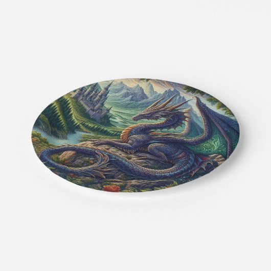 Kleurrijk, middeleeuws Drakenkasteel Papieren Bordje (Gekanteld)