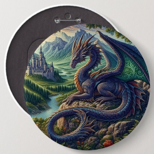 Kleurrijk, middeleeuws Drakenkasteel Ronde Button 6,0 Cm (Voorkant /achterkant)