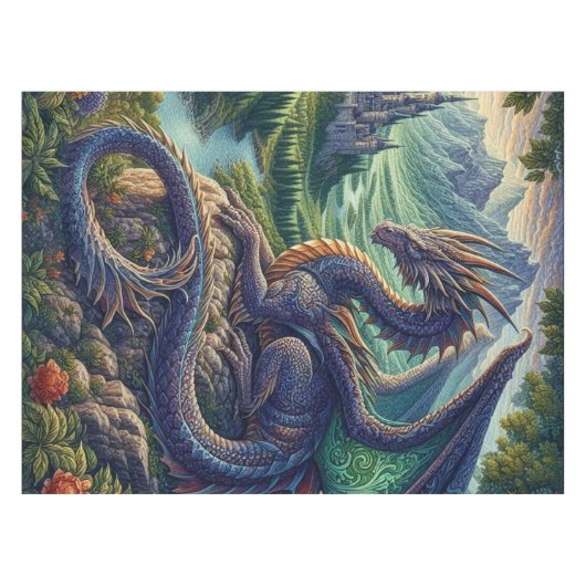 Kleurrijk, middeleeuws Drakenkasteel Tafelkleed (Voorkant (Horizontaal))