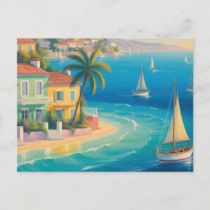 Kleurrijk Middellands Zee-dorp op tropisch strand Briefkaart