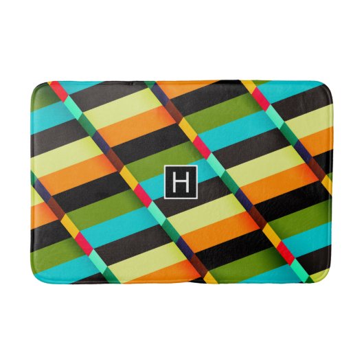 Kleurrijk modern abstract strepen & monogram badmat (Voorkant)