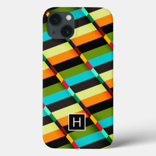 Kleurrijk modern abstracte strepen & monogram iPhone 13 hoesje