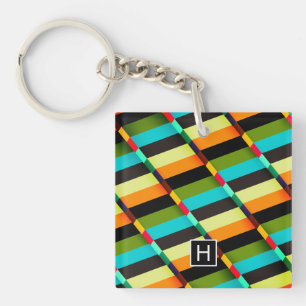Kleurrijk modern abstracte strepen & monogram sleutelhanger