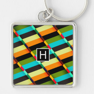 Kleurrijk modern abstracte strepen & monogram sleutelhanger