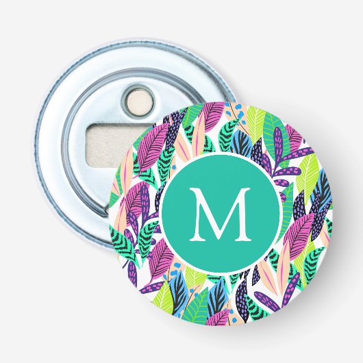 Kleurrijk modern tropisch botanisch monogram button flesopener (Voorkant)
