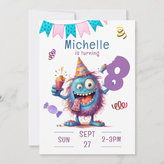 Kleurrijk monster acht jaar verjaardag uitnodiging (Voorkant)