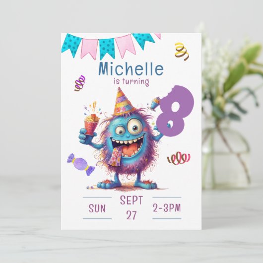 Kleurrijk monster acht jaar verjaardag uitnodiging (Staand voorkant)