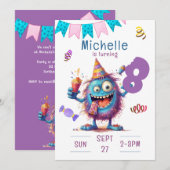 Kleurrijk monster acht jaar verjaardag uitnodiging (Voorkant / Achterkant)