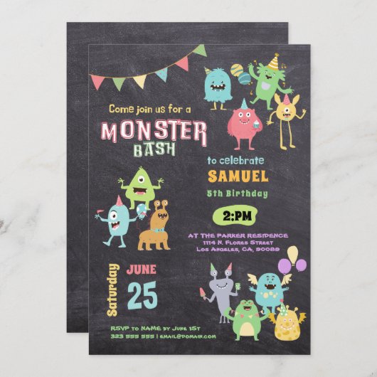 Kleurrijk Monster Thema Kids Verjaardagsfeest Kaart (Voorkant / Achterkant)