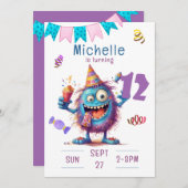 Kleurrijk Monster Twaalf jaar Verjaardag Uitnodigi Kaart (Voorkant / Achterkant)