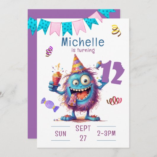 Kleurrijk Monster Twaalf jaar Verjaardag Uitnodigi Kaart (Voorkant / Achterkant)