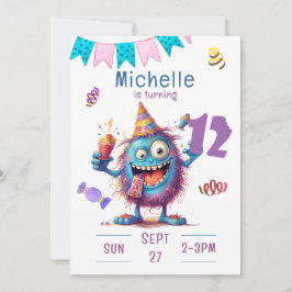 Kleurrijk Monster Twaalf jaar Verjaardag Uitnodigi Kaart