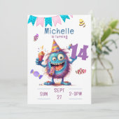 Kleurrijk monster Veertien jaar verjaardag uitnodi Kaart (Staand voorkant)