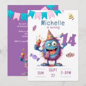 Kleurrijk monster Veertien jaar verjaardag uitnodi Kaart (Voorkant / Achterkant)