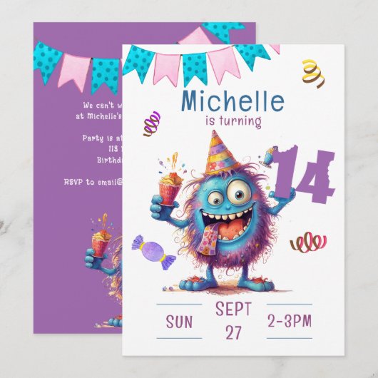 Kleurrijk monster Veertien jaar verjaardag uitnodi Kaart (Voorkant / Achterkant)