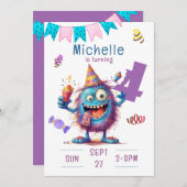 Kleurrijk Monster Vier jaar Verjaardag Uitnodiging (Voorkant / Achterkant)
