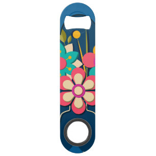 Kleurrijk mooi modern bloemenboeket op blauw speed flessenopener