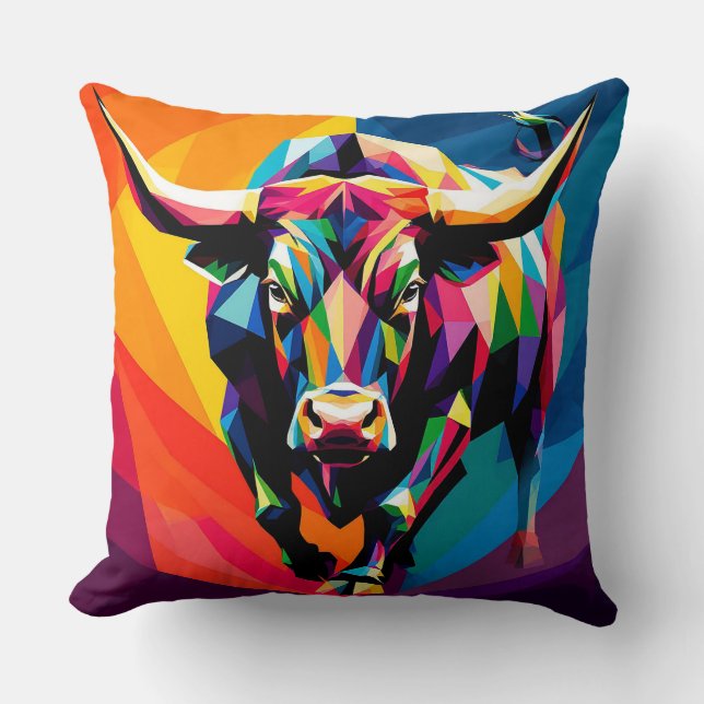 Kleurrijk Mozaïek Stier Kussen (Voorkant)