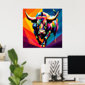 Kleurrijk Mozaïek Stier Poster (Thuiskantoor)