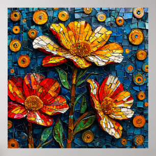 Kleurrijk mozaïekkunstwerk van levendige bloemen poster