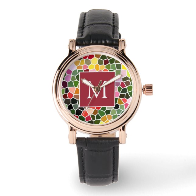 Kleurrijk mozaïekpatroon met monogram horloge (Voorkant)
